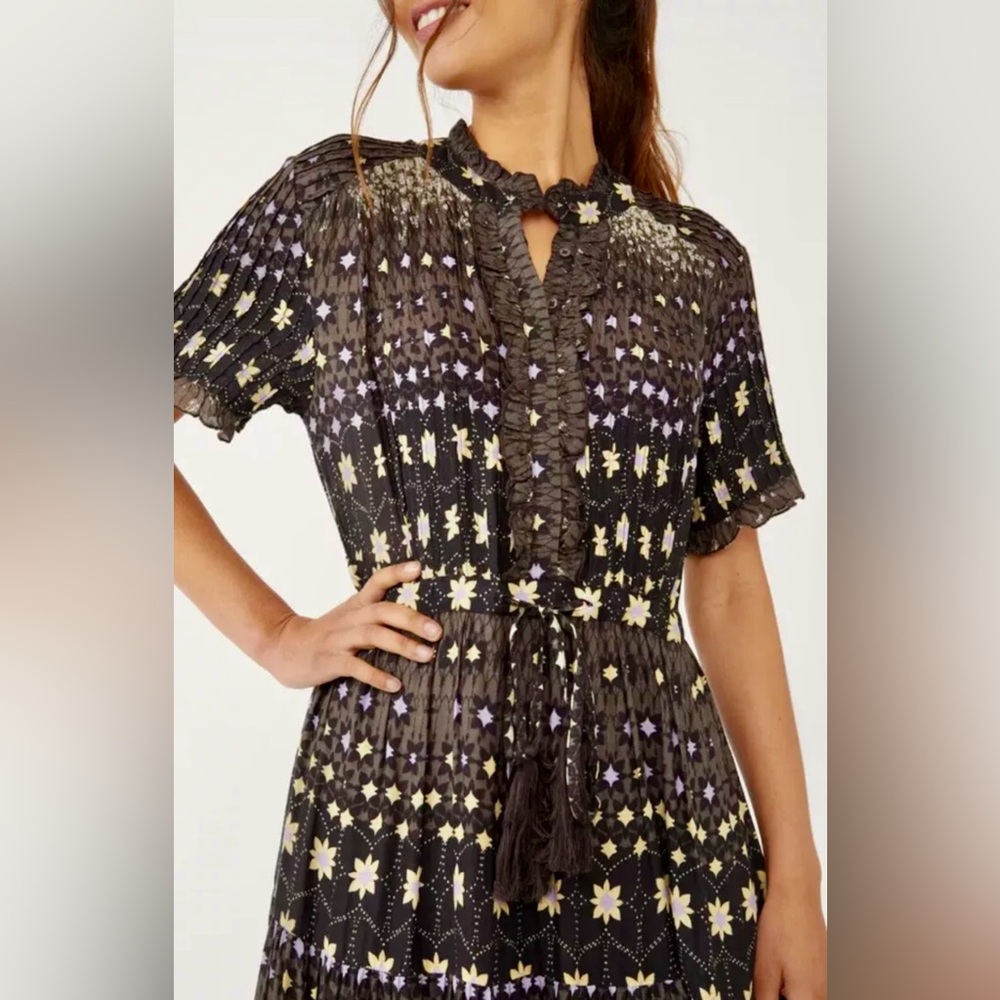NWOT Free People 1/2 Sleeve Rare Feelings Button Up Bodice Maxi DressBlack Cocoa - Picture 10 of 11